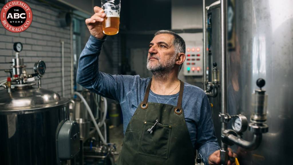 Brewer inspecting a glass of craft beer in a brewery